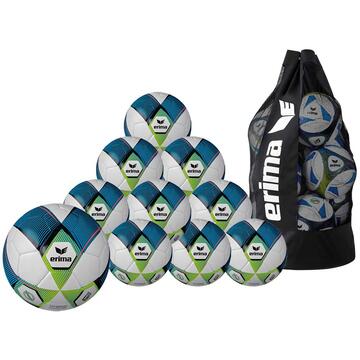 Erima Hybrid Trainingsball 2.0 10-er Ballpaket mykonos blue/lime inkl. Ballsack Gr. 5